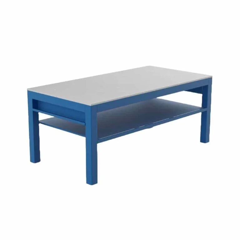 A metal welding bench with a shelf on a white background